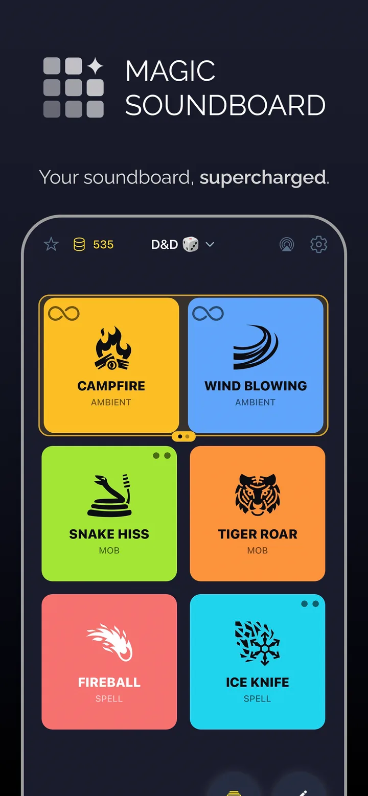 Magic Soundboard on iPhone: a D&D board with tappable sound cards like Campfire, Wind Blowing, and Fireball