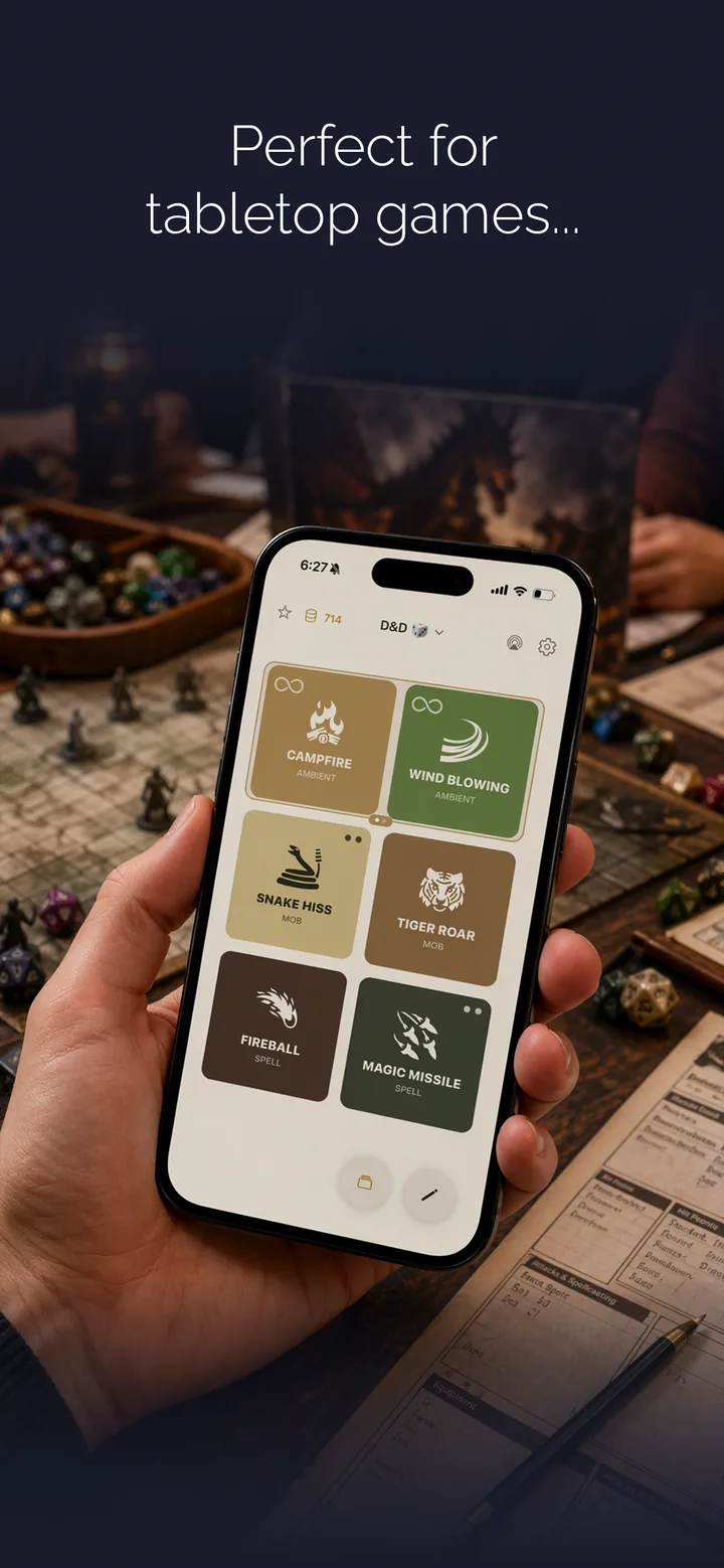 Perfect for tabletop games — a hand holding the app at a D&D table
