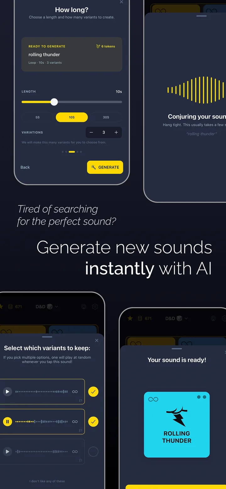 Generate new sounds instantly with AI — choose length, variants, and keep your favorites